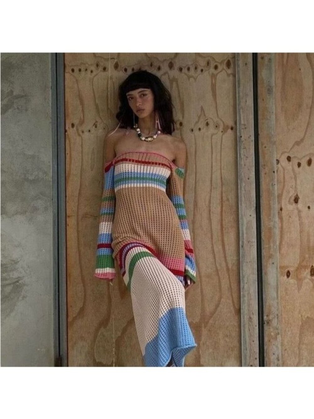 VRG GRL Work of Art Crochet Knit Maxi Bell Sleeve Dress